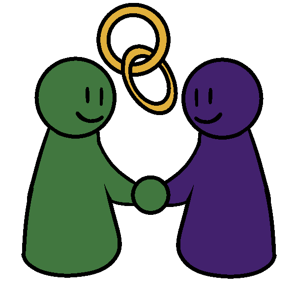 A green figure and a purple figure holding hands and smiling, with connected golden rings between them. 